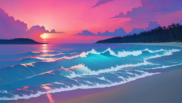 Beau Paysage De Plage Tropicale à L'aube Ou Au Crépuscule Illustration De Peinture Dessinée à La Main