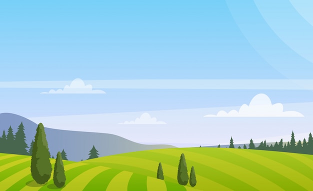 beau paysage rural avec des arbres sur le terrain, paysage de campagne d'été coloré dans un style plat.