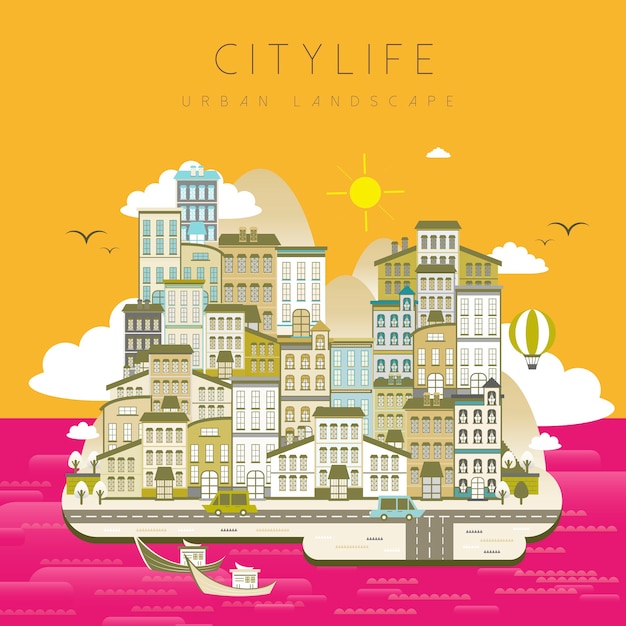 Beau paysage de la vie de la ville dans un style plat