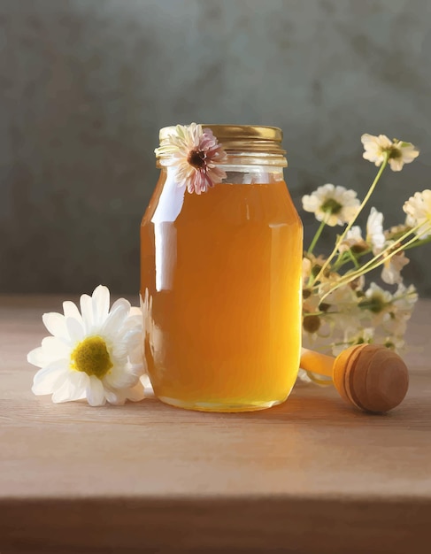 un beau pot de miel avec des fleurs sur la table