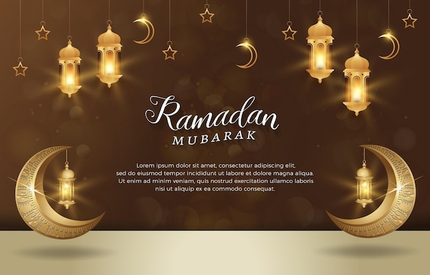 Beau Ramadan Moubarak Avec Un Bel Ornement Islamique De Luxe Brillant Et Un Fond Dégradé Abstrait Marron Et Doré