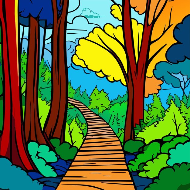 Vecteur beau sentier en bois allant les arbres colorés à couper le souffle dans une illustration vectorielle forestière