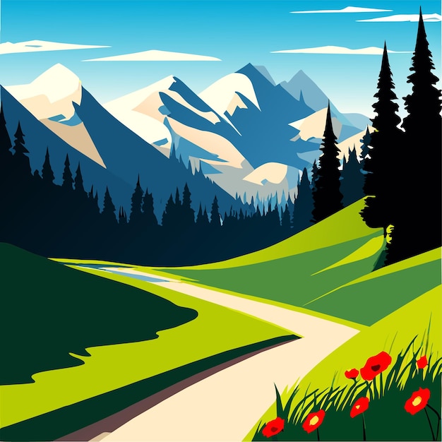 Beau Sentier Sinueux Dans Les Prairies Menant Aux Montagnes Illustration Vectorielle