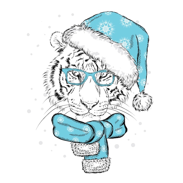 Beau Tigre Dans Un Bonnet De Noel. Noël.