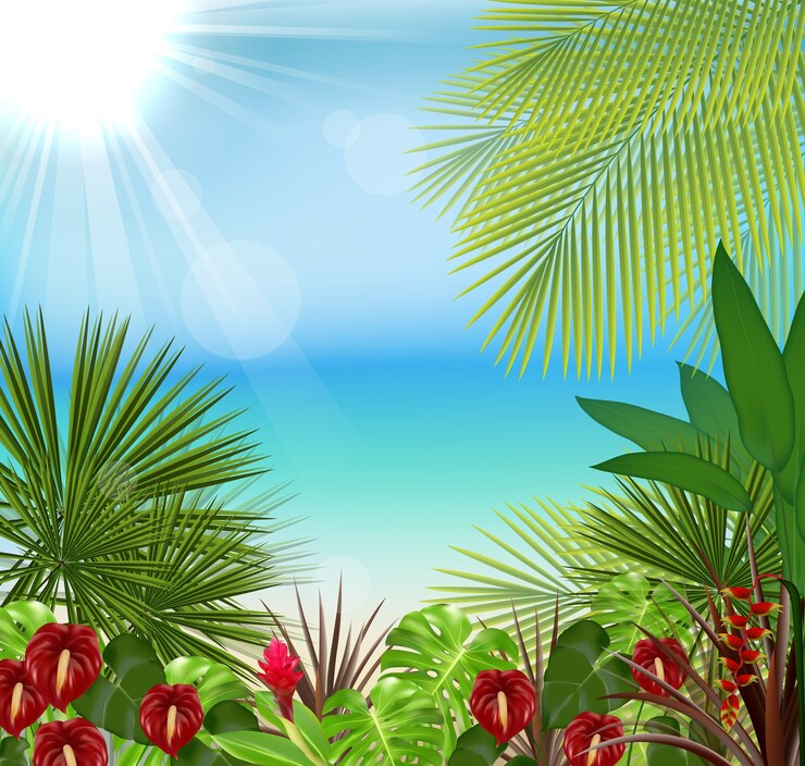 Vecteur beau tropical le matin avec un arbre et des fleurs