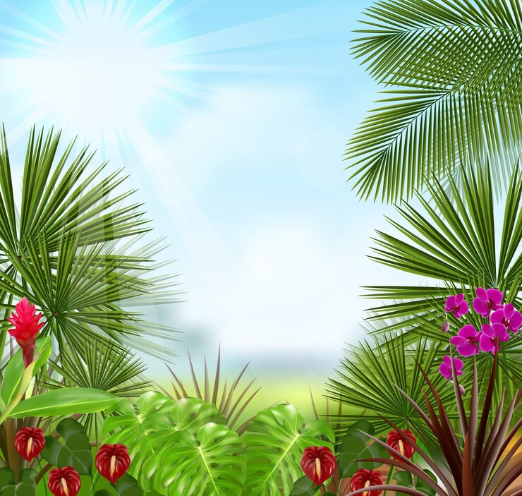 Vecteur beau tropical le matin avec un arbre et des fleurs