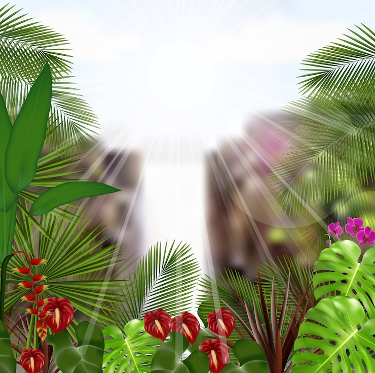 Vecteur beau tropical le matin avec un arbre et des fleurs