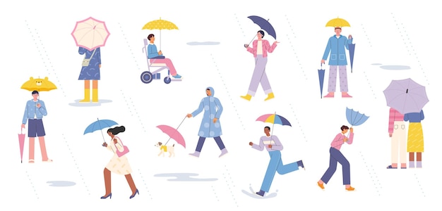 Beaucoup De Gens Dans La Rue Avec Des Parapluies Un Jour De Pluie. Illustration Vectorielle De Style Design Plat.