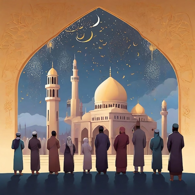 Vecteur beaucoup d'hommes musulmans prient debout dans la prière avec une vue sur la mosquée eid ul fitr mubarak jour arrière-plan