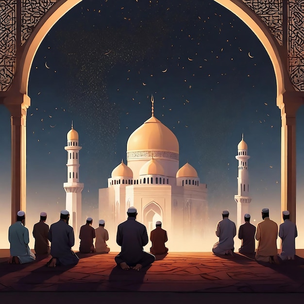 Beaucoup d'hommes musulmans prient debout dans la prière avec une vue sur la mosquée Eid ul Fitr mubarak jour arrière-plan