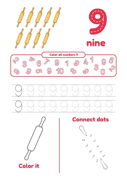 Beaucoup De Jeux Sur Une Page Pour L'éducation Des Enfants Page De Couleur Connecter Les Points Tracer Numéro D'apprentissage 9