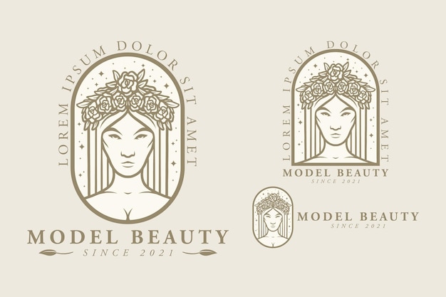 Beauté De Modèle De Visage De Fille Avec La Fleur Sur Sa Conception D'illustration De Logo De Tête