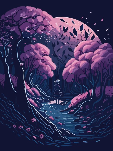 Vecteur beauté violet nature vue dans la nuit papier peint illustration d'illustration