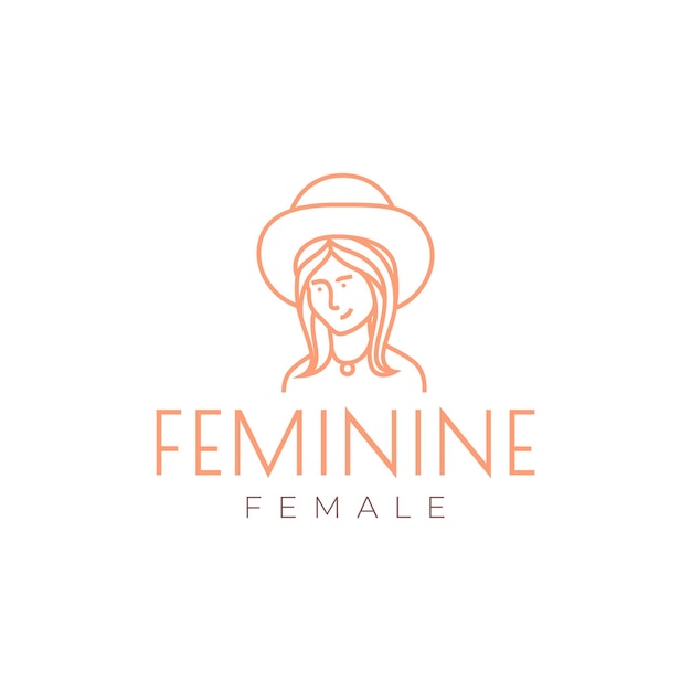 Vecteur beauté visage féminin fille avec chapeau plage vacances d'été ligne logo design vecteur icône illustration