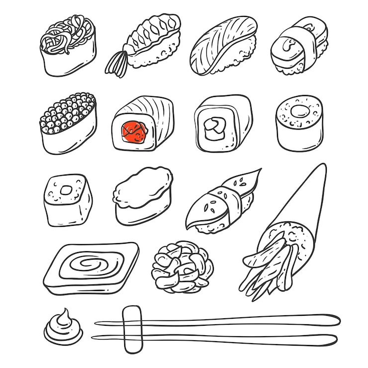 Beautifui illustration vectorielle dessinés à la main cuisine japonaise Shushi