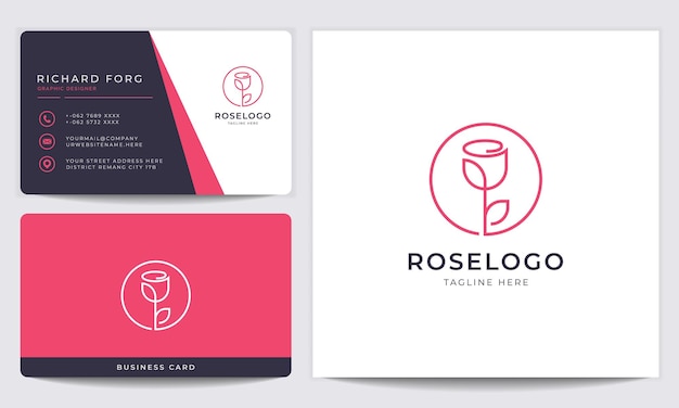 Beauty Rose Flower In Line Art Style Logo And Business Card Design For Fashion Cosmetic Salon Spa