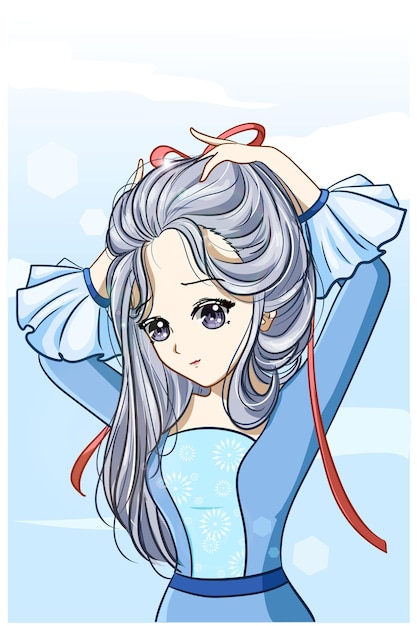 Beaux Cheveux D'argent De Princesse Avec L'illustration De Dessin Animé De Robe Bleue