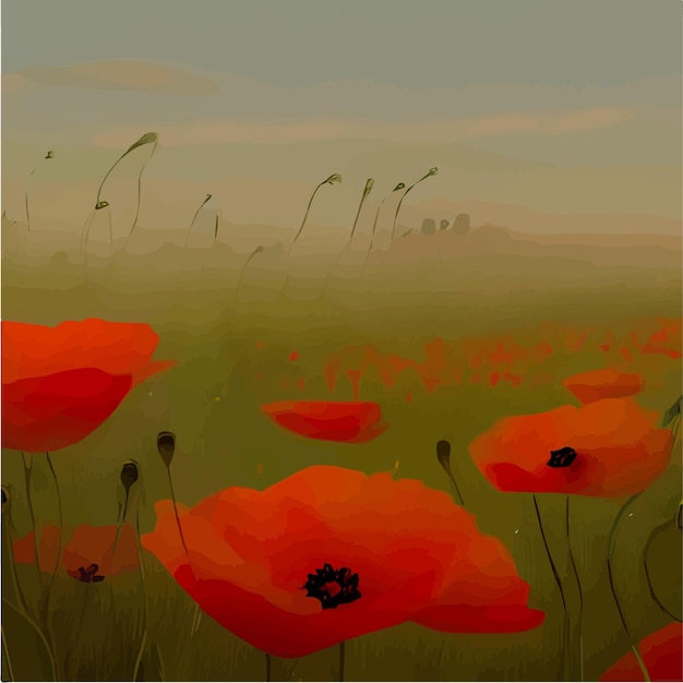 Beaux Coquelicots Rouges Dans Le Champ Fleur Sauvage Printemps Nature Paysage Illustration Vectorielle Pour L'intérieur