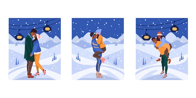 Vecteur de beaux couples romantiques en vêtements d'hiver qui s'embrassent et s'embrassaient activités romantiques de la station de ski