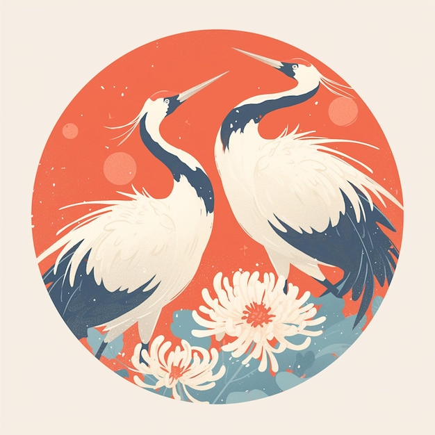 Vecteur de beaux dessins chinois de chrysanthèmes et de grues