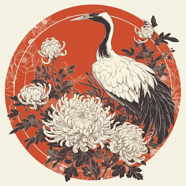 Vecteur de beaux dessins chinois de chrysanthèmes et de grues