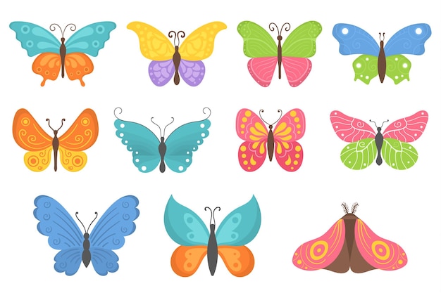 Beaux Insectes Volants Papillons D'été Papillons Colorés Dans Un Style Plat De Dessin Animé