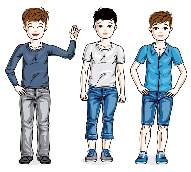 Vecteur beaux jeunes garçons adolescents heureux posant portant des vêtements décontractés à la mode. ensemble d'illustrations pour enfants de diversité vectorielle.