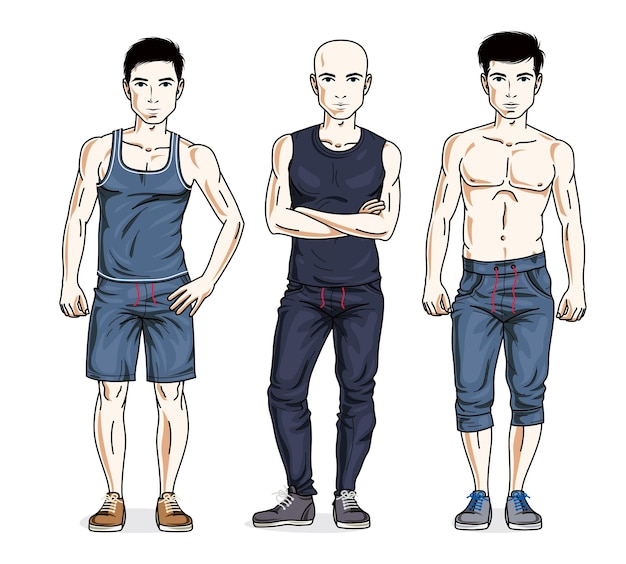 Vecteur de beaux jeunes hommes debout dans des vêtements de sport élégants, des sportifs et des personnes de fitness. ensemble vectoriel d'illustrations de belles personnes. personnages masculins de thème de style de vie.