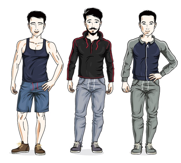 De Beaux Jeunes Hommes Debout Portant Des Vêtements De Sport élégants. Ensemble Vectoriel D'illustrations De Belles Personnes. Personnages Masculins De Thème De Style De Vie.