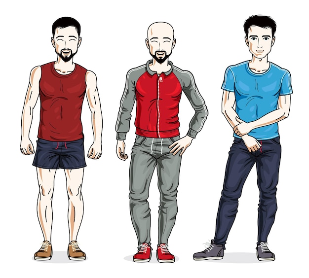 Vecteur de beaux jeunes hommes debout portant des vêtements de sport élégants. ensemble vectoriel d'illustrations de belles personnes.