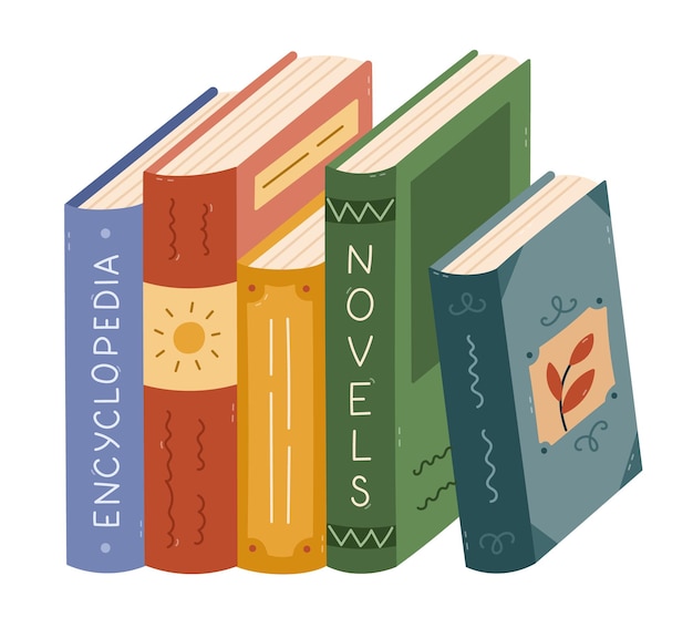 De beaux livres de dessins animés en couverture rigide de différents genres debout verticalement