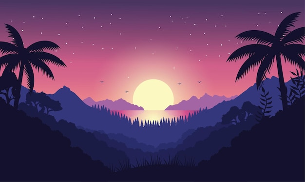 Beaux montagnes lac rivière nature paysage avec des arbres tropicaux dans la forêt avec le soleil dans le ciel de l'aube