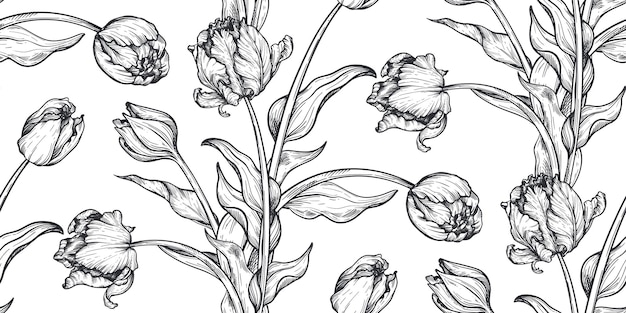 Beaux Motifs Vectoriels Sans Soudure Dessinés à La Main Avec Des Fleurs De Tulipes Noires Et Blanches