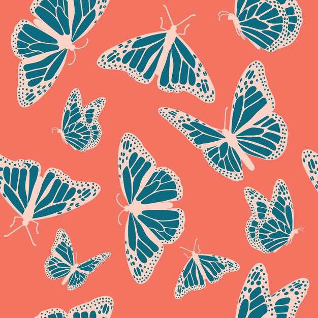 Vecteur beaux papillons bleus sur fond rouge motif vintage sans couture illustration vectorielle