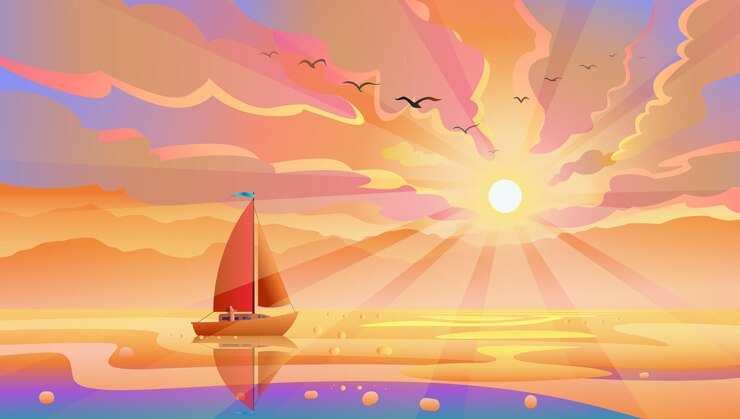 Beaux paysages marins reflètent le coucher de soleil violet avec des touristes dans un bateau