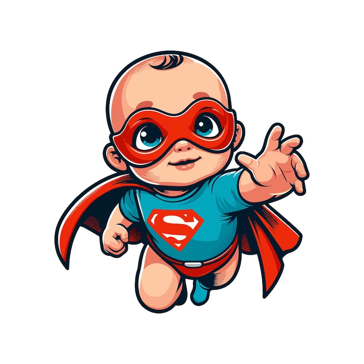 Vecteur un bébé dans un costume de super-héros un bébé portant une minuscule cape et un masque de super-héro