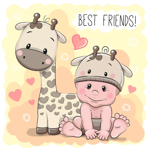 Vecteur bébé de dessin animé mignon et girafe