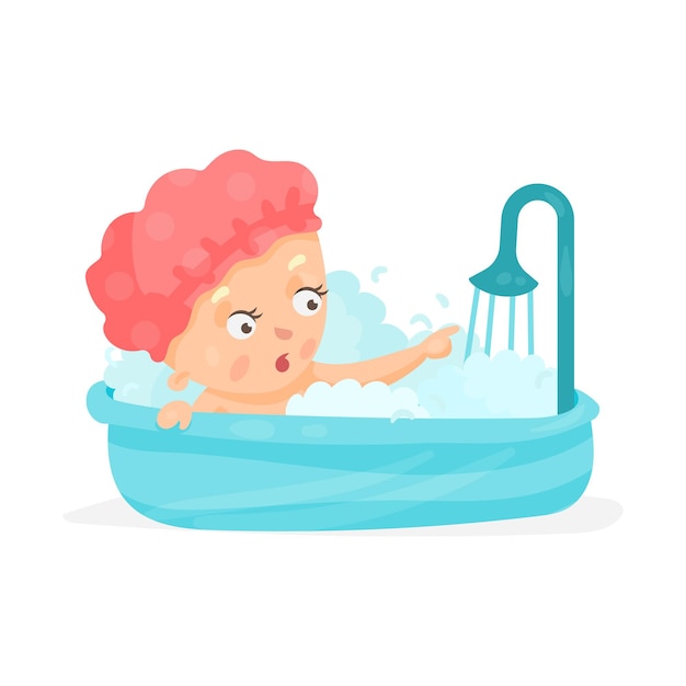 Vecteur bébé dessin animé mignon prendre une douche, se baigner vecteur de personnage haut en couleur illustration isolé sur fond blanc