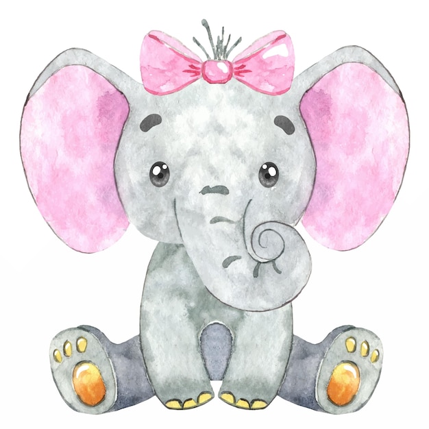 Bébé éléphant Aquarelle Avec Noeud Rose