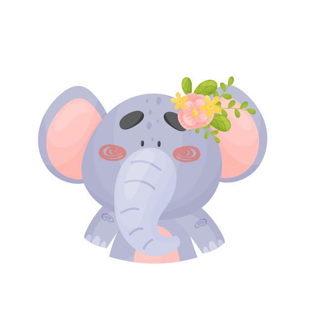 Bébé éléphant Gris Mignon Avec Une Fleur Sur La Tête Illustration Vectorielle Sur Fond Blanc