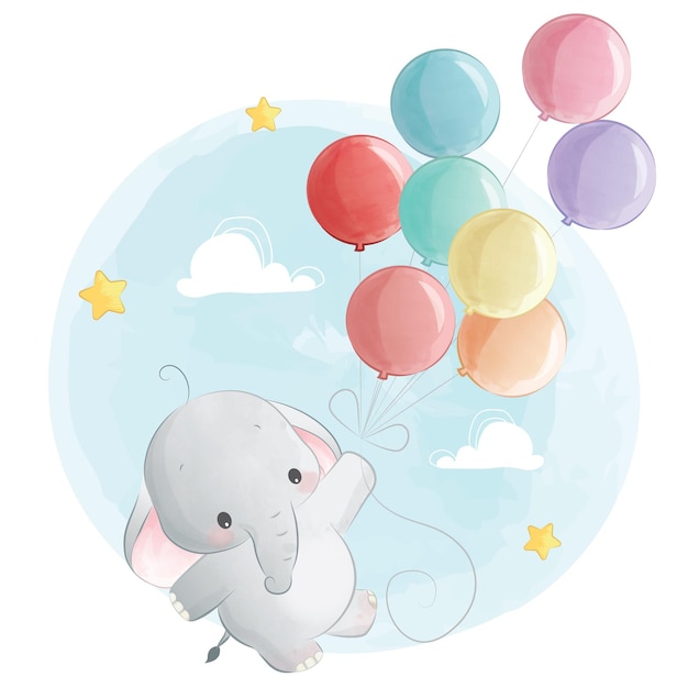 Vecteur bébé éléphant volant avec des ballons