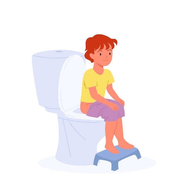 Vecteur bébé garçon assis sur la cuvette des toilettes enfant d'âge préscolaire à l'aide d'un banc de pied dans la formation wc toilettes