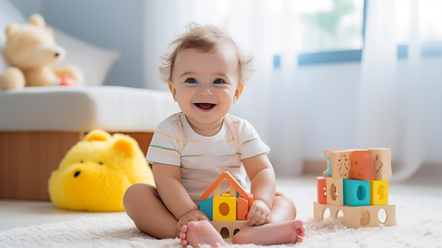 Vecteur un bébé heureux jouant sur le jeu matt habillé mignon avec un jouet