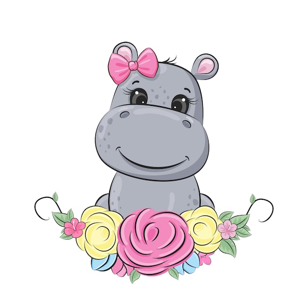 Vecteur bébé hippopotame mignon avec une couronne de fleurs illustration vectorielle