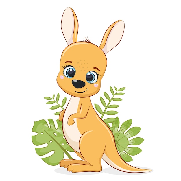 Vecteur bébé kangourou mignon avec des feuilles tropicales. illustration vectorielle.