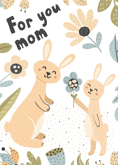 Bébé Lapin Donne à Sa Mère Une Fleur. Pour Vous Maman Carte Mignonne. Impression Drôle Pour La Fête Des Mères