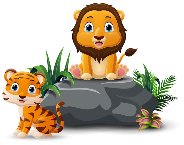 Vecteur le bébé lion et le tigre de dessin animé assis sur la pierre