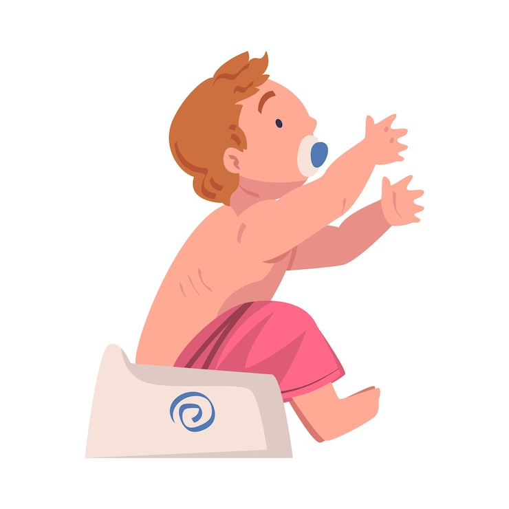 Vecteur bébé mignon assis sur le pot avec une tétine et des bras étirés illustration vectorielle