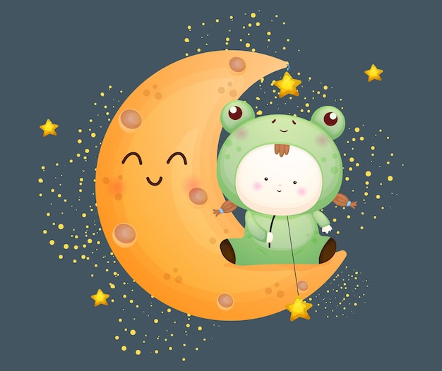 Un Bébé Mignon En Costume De Grenouille Est Assis Sur La Lune. Illustration De Dessin Animé De Mascotte Vecteur Premium