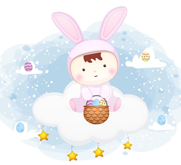 Bébé Mignon Avec Une Robe De Lapin Assis Sur Le Nuage Avec Le Personnage De Dessin Animé D'oeuf De Pâques